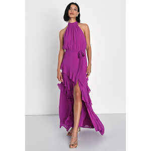 Lulus Iconic Flair Purple Asymmetrical Ruffled Halter Maxi Dress